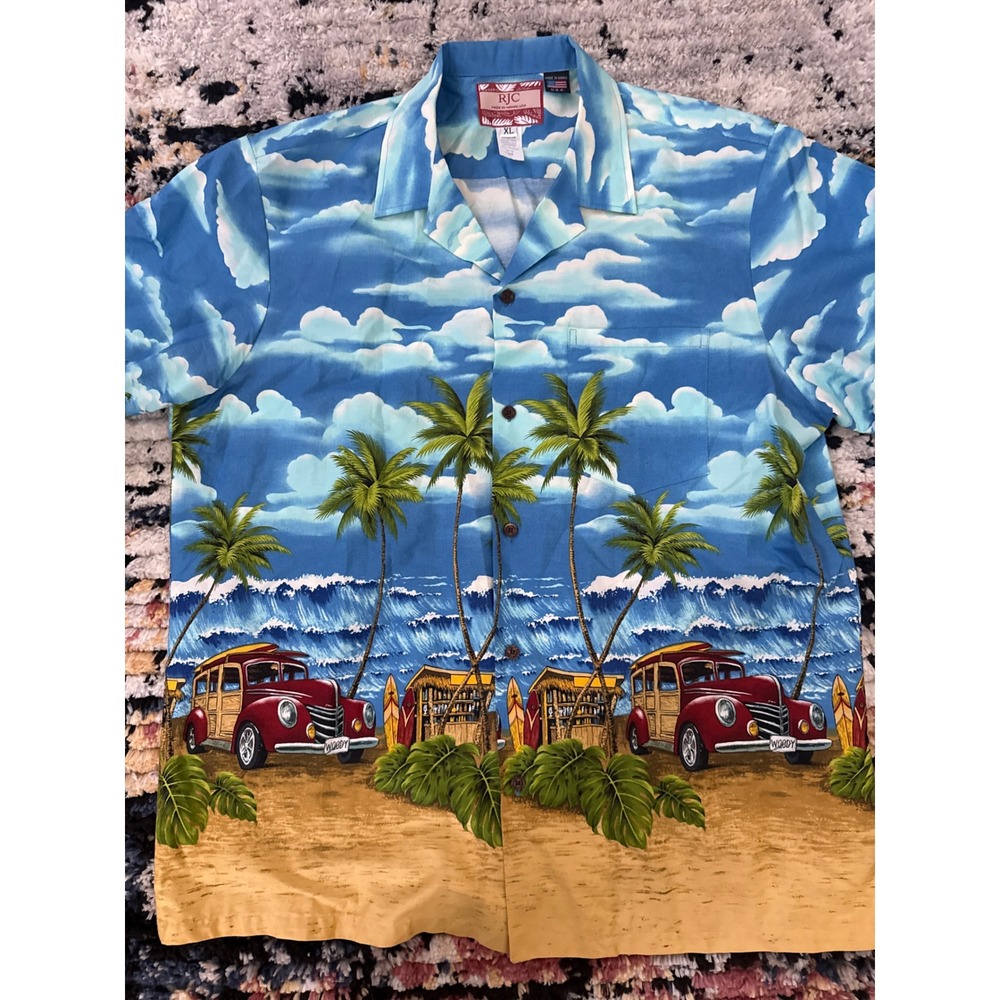 RJC Mens Hawaiian Shirt XL Blue Woodie Car Palm Tree Beach Tropical Made in USA
